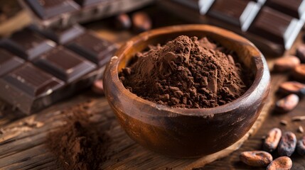 Cocoa powder in wooden bowl with chocolate bars and beans.