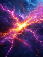 Obraz premium Intense Electric Lightning Explosion in Sci-Fi Style with Neon Colors and Dynamic Motion Blur, Surreal Composition with Negative Space