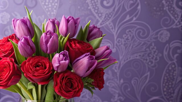 Vibrant purple tulips and velvety red roses in a unique arrangement against a deep lavender colored background with intricate patterns, spring florals, elegant blooms