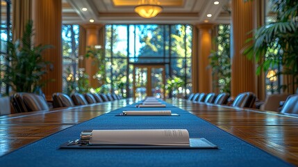 Elegant boardroom setup with natural light and greenery, ideal for meetings and corporate events