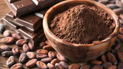Cocoa powder in wooden bowl with chocolate bars and beans. (1)