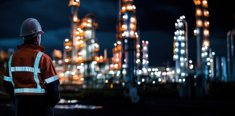 Fototapeta premium Male worker in safety gear observing an industrial site at night.