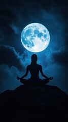 Silhouette of woman meditating outdoors at midnight under a bright full moon