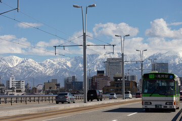 Toyama-ohashi Bridge and Tateyama Mountain Range, Japan