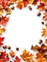 Autumnal Collection: Vibrant leaves and acorns in a white frame, showcasing the beauty of changing seasons & fall abundance.