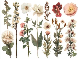 Vintage botanical collage, eclectic mix of flowers and leaves isolated on white background