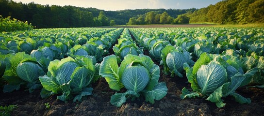 A field of green lettuce plants with a clear blue sky in the background