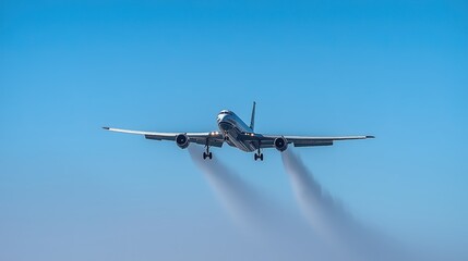Fototapeta premium Aircraft rapidly breaking the sound barrier, creating a visible shockwave in the sky, symbolizing the pursuit of speed and technological advancement.