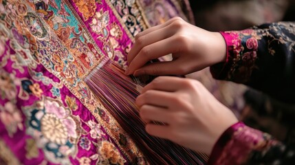 Close-up of hands weaving colorful silk brocade with intricate details and craftsmanship