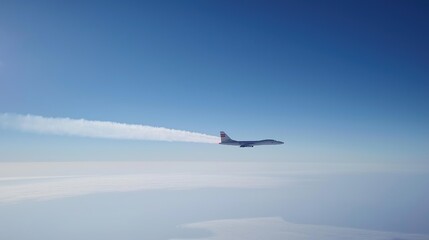 Fototapeta premium Aircraft rapidly breaking the sound barrier, creating a visible shockwave in the sky, symbolizing the pursuit of speed and technological advancement.