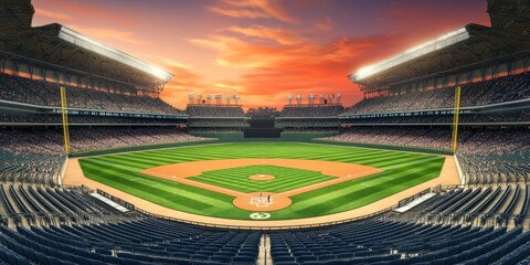 Sunset View of Baseball Stadium - Wide shot with green field, packed seats under orange-pink sky.