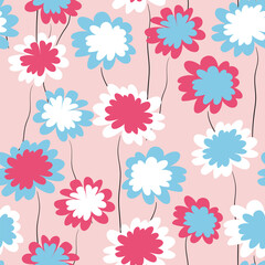 Seamless floral pattern based on traditional folk art ornaments. Colorful flowers on color background. Scandinavian style. Sweden nordic style. Vector illustration. Simple minimalistic pattern.