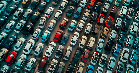 Aerial view of a junkyard filled with crushed and broken cars, highlighting automobile recycling waste disposal and environmental impact in the automotive industry.