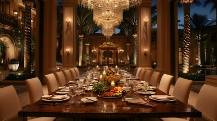 Luxurious dining room with long table set for dinner party, under a grand chandelier, in a palatial estate at night.