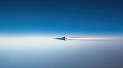 Fototapeta premium Aircraft rapidly breaking the sound barrier, creating a visible shockwave in the sky, symbolizing the pursuit of speed and technological advancement.