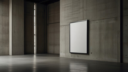 Blank white frame mockup on a concrete wall in a minimalistic industrial interior.Blank mock-up to showcase your work or branding.
