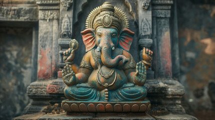 Obraz premium Colorful Ganesha statue within a temple during Ganesh Chaturthi.