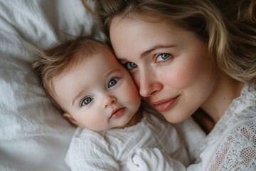 A woman is laying down with a baby on her lap