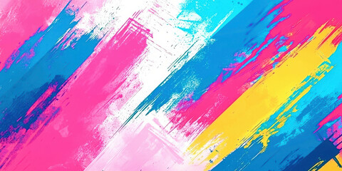 A colorful painting with blue, pink, and yellow stripes