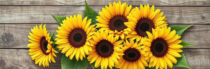 Obraz premium Watercolor bouquet of fresh sunflowers on a rustic wooden background, natural textures, floral arrangement, earthy tones
