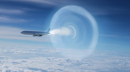Aircraft rapidly breaking the sound barrier, creating a visible shockwave in the sky, symbolizing the pursuit of speed and technological advancement.