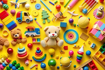Obraz premium Vibrant kids' toys on a yellow backdrop. Playful, conceptual photography.