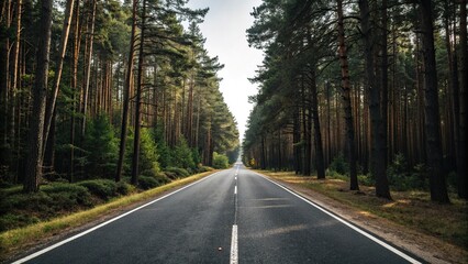 Fototapeta premium Asphalt road stretching into the forest with tall trees on both sides, road, forest, countryside, asphalt