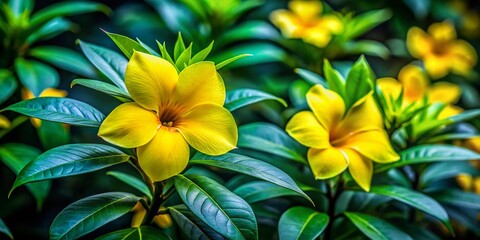 Obraz premium Vibrant Yellow Flowers & Leaves of Thevetia peruviana, Beautiful Botanical Art