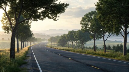 Fototapeta premium Asphalt road with trees on both sides in the distance, trees, outdoor, natural scenery, forest