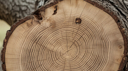 Naklejka premium Close-up of hickory tree cut surface showcasing detailed growth rings, rich textures, and natural patterns, ideal for woodworking, nature themes, or rustic design elements. 