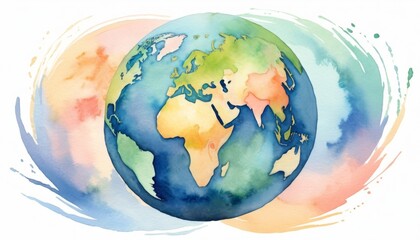 Fototapeta premium Watercolor illustration celebrating World Peace Day with a vibrant depiction of Earth at the center surrounded by gentle swirls of pastel colors, symbolizing unity and peace