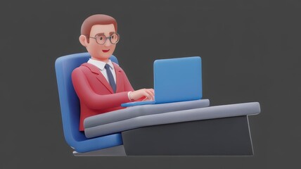 3D Businessman Sitting at a Desk Typing on a Laptop