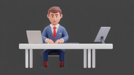 3D Businessman Sitting at a Desk Typing on a Laptop
