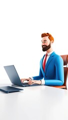 3D Businessman Sitting at a Desk Typing on a Laptop