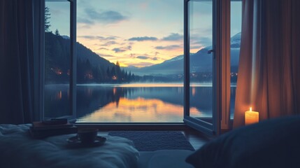 Fototapeta premium Serene lakeside view at sunset from a cozy room with a candle.