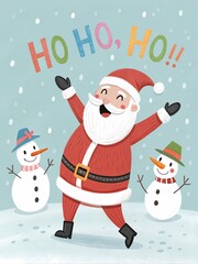 Santa Claus Dancing with Snowmen Greeting Card