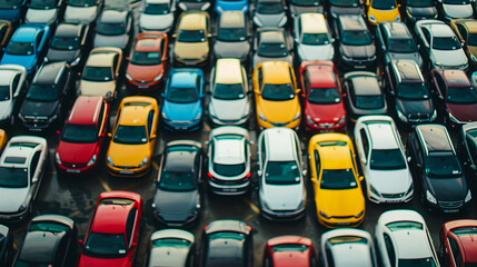 Fototapeta premium Rows of new cars parked in an urban dealership lot, showcasing modern automotive industry transport and sale in a well organized business environment.