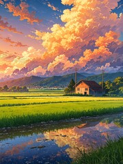 Serene Countryside Sunset with Vibrant Sky and Reflective Water. Anime Illustration Style.