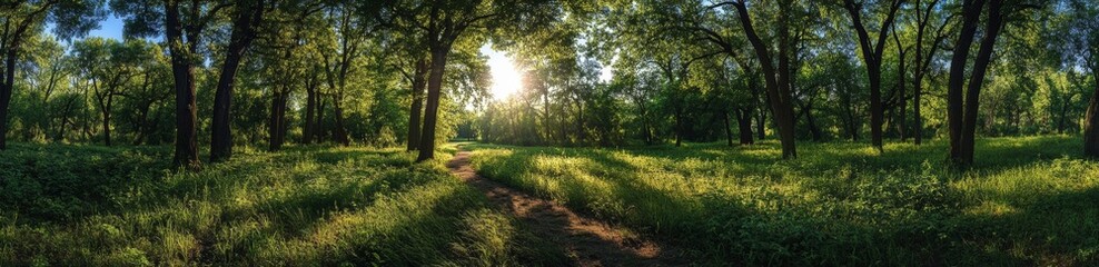 Fototapeta premium A panoramic shot of a forest with a sun shining through the trees