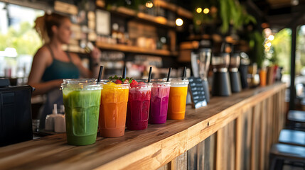 Refreshing and colorful smoothies lined up on wooden counter, showcasing vibrant flavors. customer enjoys lively atmosphere of cozy cafe, perfect for relaxation and socializing