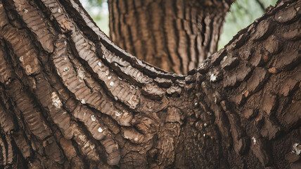 Close-up of hickory tree bark texture featuring rugged ridges, natural patterns, and earthy tones, perfect for nature themes, rustic designs, or ecological photography concepts. 