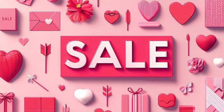 L'immagine mostra la parola "SALE" in grande al centro su uno sfondo rosa. L'insieme ha un aspetto romantico e festivo, associato a promozioni per San Valentino.