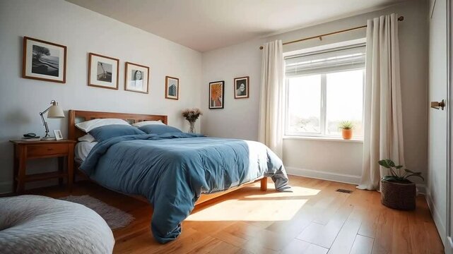 A cozy bedroom with a large bed covered in a blue comforter, white walls adorned with framed pictures
