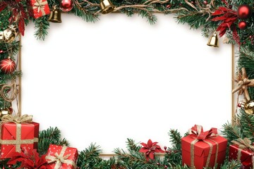 Festive christmas frame with red decorations and green pine branches.