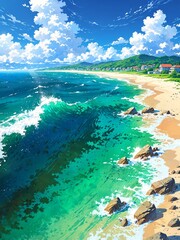 Stunning Summer Seascape. Vibrant Ocean Waves Crashing on a Sandy Beach. Landscape Anime Illustration.