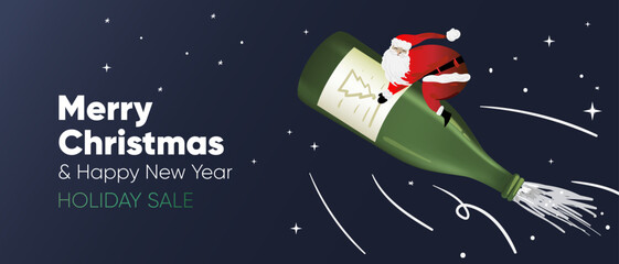 Christmas Sale web banner with funny Santa is flying on a bottle of champagne. Retail, shopping or Christmas Promotion. Vector illustration