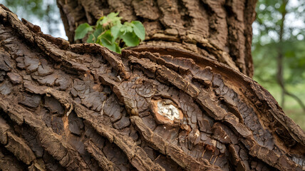 Close-up of hickory tree bark texture featuring rugged ridges, natural patterns, and earthy tones, perfect for nature themes, rustic designs, or ecological photography concepts. 