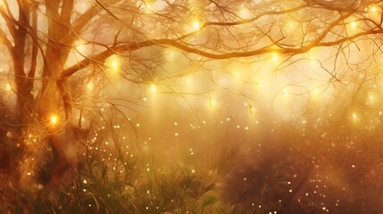 Fototapeta premium Golden Tree Branches Adorned With Fairy Lights