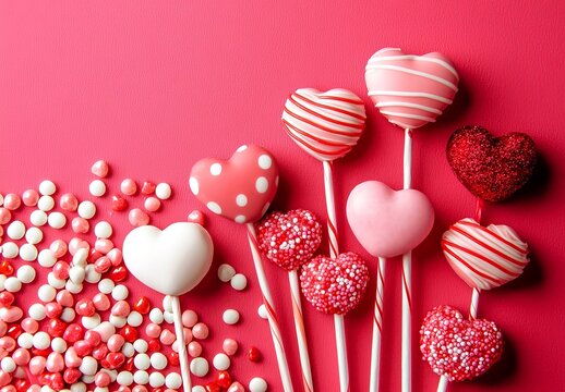 Sfondo rosa con lecca lecca a forma di cuore, disposizione piatta.