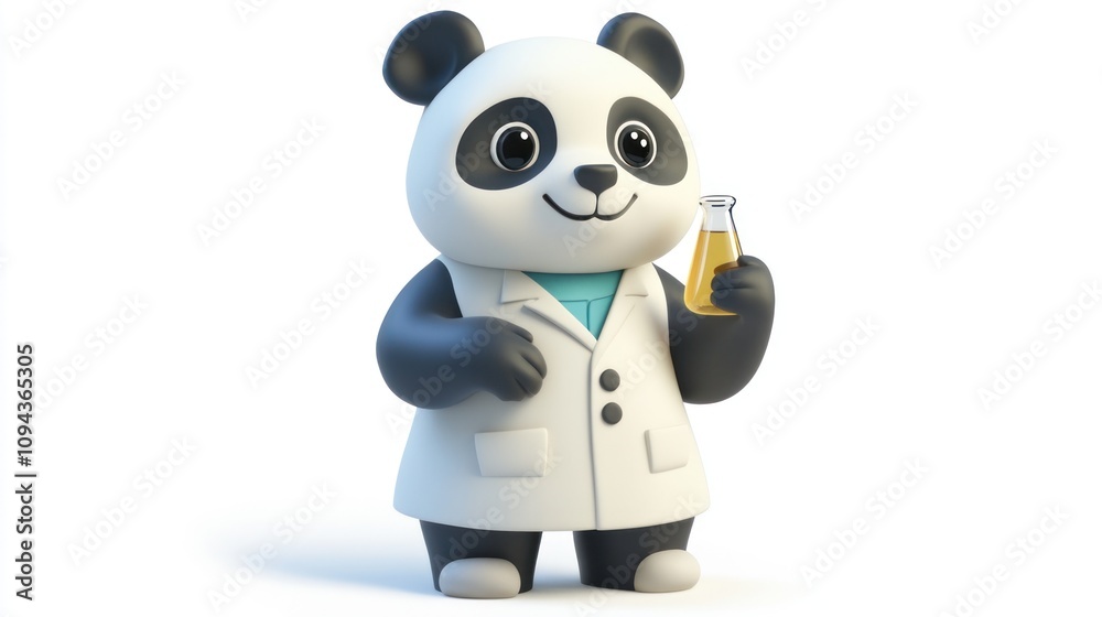 Aufkleber a cartoon panda in a lab coat holding a flask, symbolizing science and research.